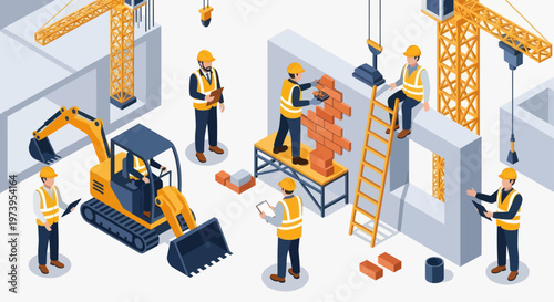 Isometric Construction Site with Workers and Heavy Machinery.