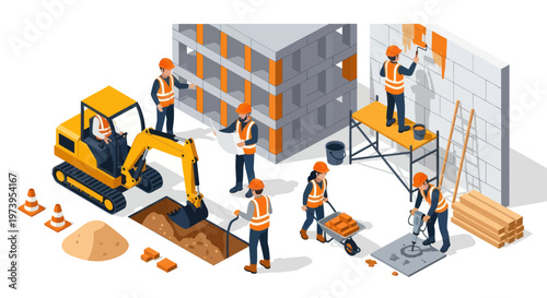Isometric Construction Site with Workers and Heavy Machinery.