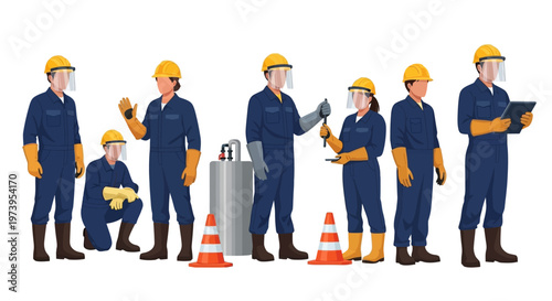 Illustration featuring several workers in the workplace safety industry, wearing hard hats and protective gear while performing various job-related tasks, set against a clean white