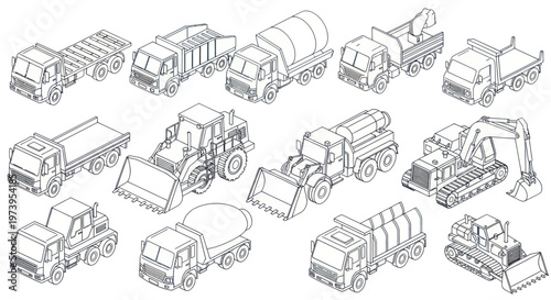 Isometric Construction Vehicles and Heavy Machinery Outline Set.