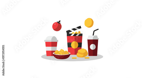 A minimalist vector graphic showcases cinema-themed snacks like popcorn in a clapperboard-style box, soft drinks, and a bowl of chips.