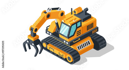 Isometric Heavy Duty Excavator with Grapple Claw.