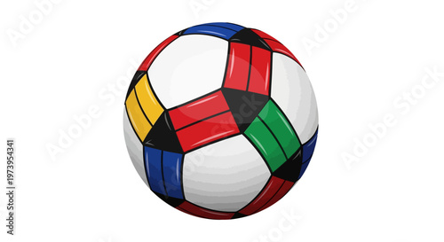 A colorful soccer ball, with its panels rendered in bright vector illustration, presents a playful design element against a clean white background, enhanced by digital artistry and graphic