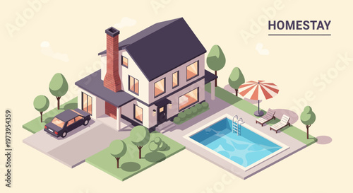 Isometric Homestay with Swimming Pool and Car.