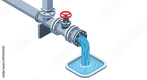 Isometric illustration of a pipe with a valve releasing a stream of blue water into a square basin.