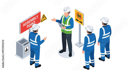 Isometric illustration of a safety briefing for industrial workers.