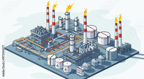 Isometric illustration of a large industrial oil refinery or chemical plant with multiple structures and pipelines.
