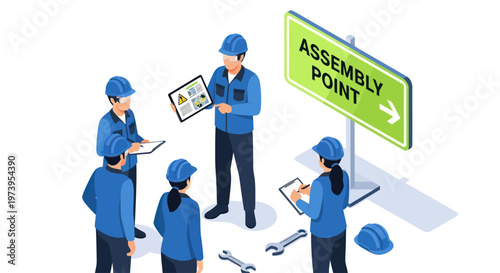 Isometric illustration of a team of workers in blue uniforms and hard hats gathered around an Assembly Point sign, discussing plans with tools on the ground.
