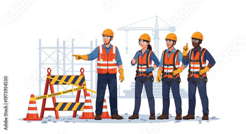 A vector illustration highlights workplace safety for World Day, featuring a team of construction workers in vests and hardhats standing near caution tape against a white background