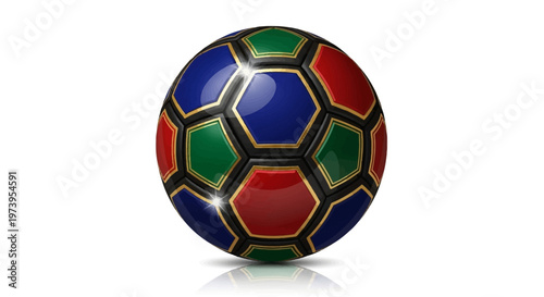 A vibrant and geometrically patterned soccer ball illustration, presented as a shiny vector graphic with a clean aesthetic, stands against a stark white background, creating a visually