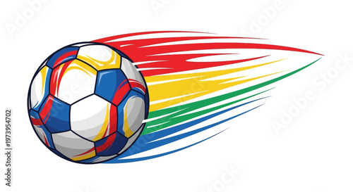 A dynamic vector illustration of a colorful soccer ball in motion, depicted with trailing red, yellow, and blue speed lines, set against a clean white background to emphasize the energetic
