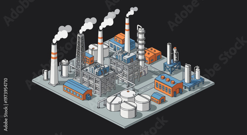 Isometric Industrial Factory Complex with Smokestacks and Tanks.