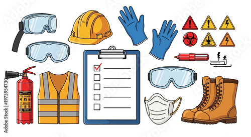 Vector illustration showcasing workplace safety equipment for the World Day for Safety and Health at Work, featuring a hard hat, safety vest, gloves, boots, and goggles arranged