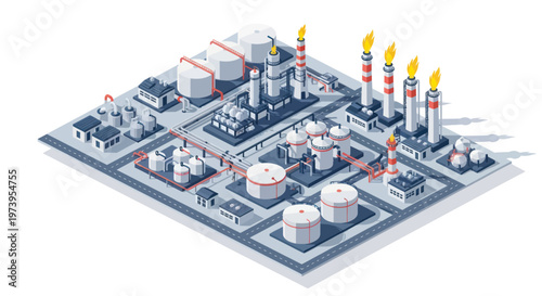 Isometric Industrial Oil Refinery and Chemical Plant Complex.
