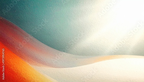 부드러운 곡선미를 강조한 오렌지색과 청록색의 화려한 그라데이션 추상 배경 이미지로 우측 상단에서 쏟아지는 밝은 빛의 효과와 모래 같은 질감이 어우러져 현대적이면서도 몽환적인 시각적 경험을 제공합니다.