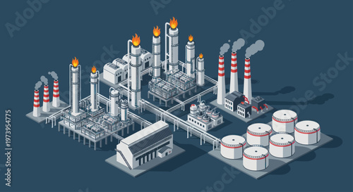 Isometric Industrial Oil Refinery Plant with Storage Tanks and Chimneys.