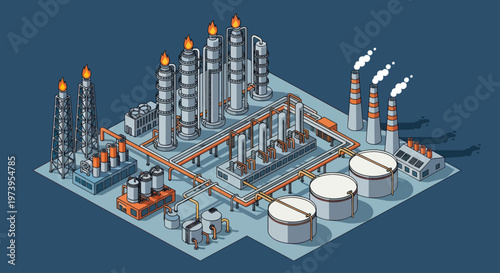 Isometric Industrial Oil Refinery Plant with Storage Tanks and Chimneys.