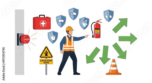 Illustrated vector design for workplace safety featuring a worker in a hardhat pointing towards safety icons—first aid kit, extinguisher, and more—with arrows indicating directions