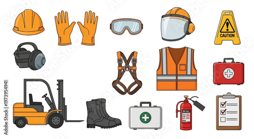 Workplace safety industry is highlighted in this vector illustration featuring an array of essential equipment and gear, set against a clean white background with a bright, informative