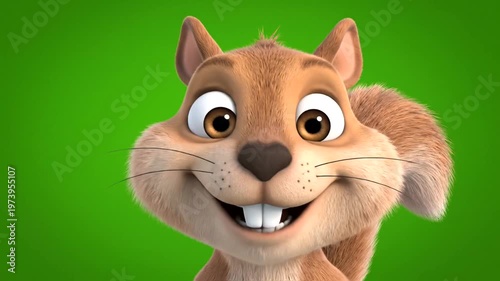 Animated cartoon squirrel closeup smiling.