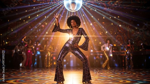 Energetic Disco Dancer Under a Glittering Ball in a Vibrant Club.