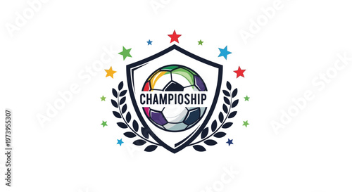A vector illustration presents a colorful soccer ball emblem within a shield, framed by laurel branches and scattered stars, set against a clean white backdrop, conveying a playful