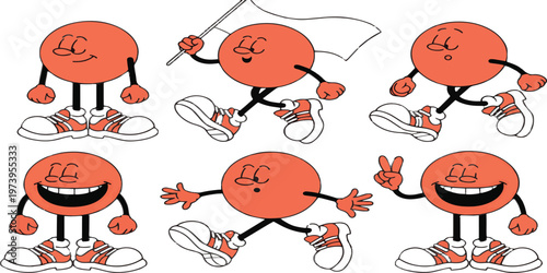 Orange circle character with arms legs and shoes in various poses