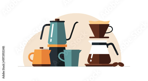 A flat vector illustration displays coffee brewing tools including a gooseneck kettle, pour-over dripper, and glass server on a simple background.