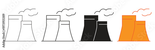 set of industrial cooling tower icons representing power generation and steam emission in black white and orange styles for energy concepts