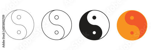 a set of yin yang symbols in various styles from outline to colorful orange and black representing balance and duality in a clear graphic vector format