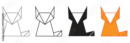 set of origami fox icons in outline silhouette and colorful orange designs for modern animalistic and graphic design concepts