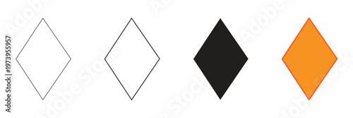 A set of diamond shapes including outline, solid black, and outlined orange variations on a white background, perfect for graphic design and symbolic representation.