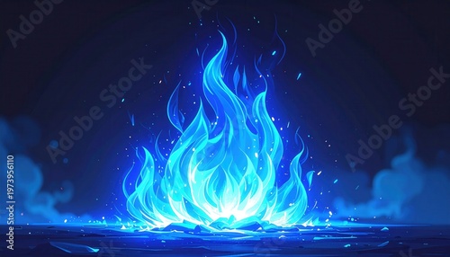 어두운 밤의 정적 속에서 신비로운 푸른 빛을 내뿜으며 강렬하게 타오르는 마법 같은 불꽃과 주변으로 흩날리는 미세한 불씨들이 조화를 이루는 판타지 스타일의 배경 이미지입니다.