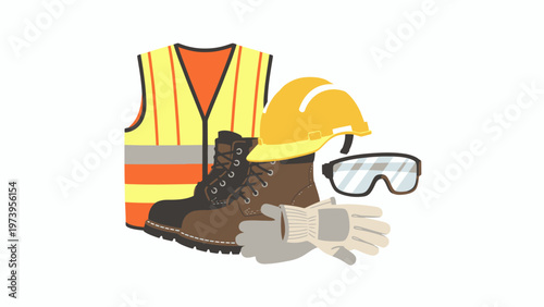 Construction worker safety gear including vest, hard hat, boots, gloves and eye protection