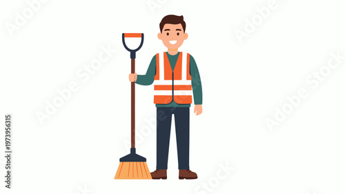 Man street sweeper with broom wearing safety vest smiling