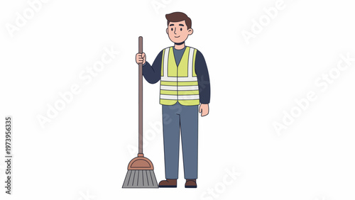 Man street cleaner holding broom, wearing safety vest, standing