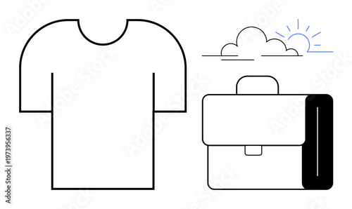 Lifestyle branding, modern design, work-life balance, fashion industry, business essentials, minimalism. Minimal line art of a T-shirt, briefcase and cloud with sun. Lifestyle branding and work-life