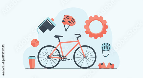 A flat vector illustration features a red bicycle surrounded by essential cycling equipment like helmets, gears, and water bottles.