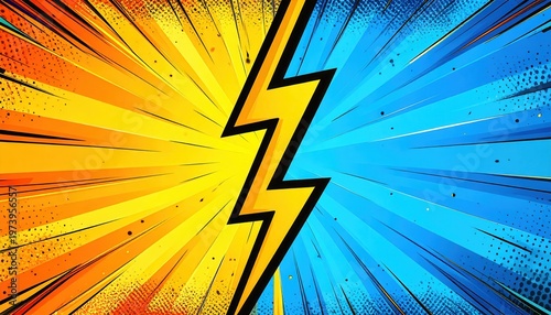 노란색 번개 아이콘이 중앙에 배치된 역동적인 만화 스타일의 대결 배경으로 주황색과 파란색의 강렬한 대비와 방사형 속도선 및 하프톤 패턴이 특징인 디자인입니다.