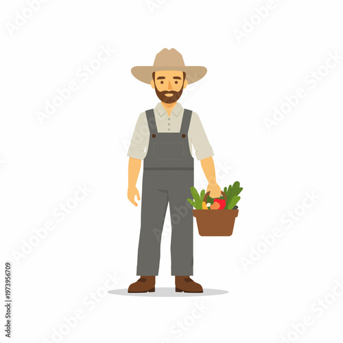 Bearded man farmer holding harvest basket of vegetables