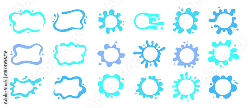Liquid shapes icon sign set. Symbol fluid puddles, wavy stains splashes water drops blobs. Bubble watery background for text. Smooth blotches soft uneven spills drips abstract shapes frames design