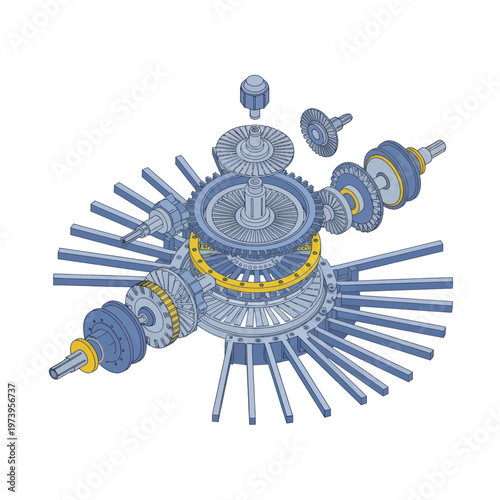 Detailed Exploded View of a Complex Mechanical Gear System.