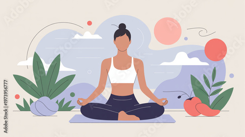 Yoga woman, meditation, mindfulness, vector illustration, fitness, wellness, relaxation