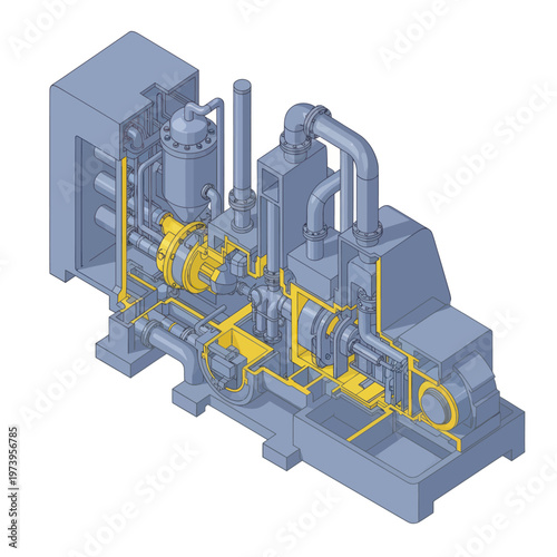 Detailed Isometric View of Industrial Machinery with Highlighted Internal Components.