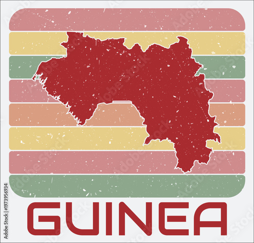 Guinea vintage logo. Shape of the country on retro colored stripes background. Guinea map design with grunge scratch texture. Vector illustration.