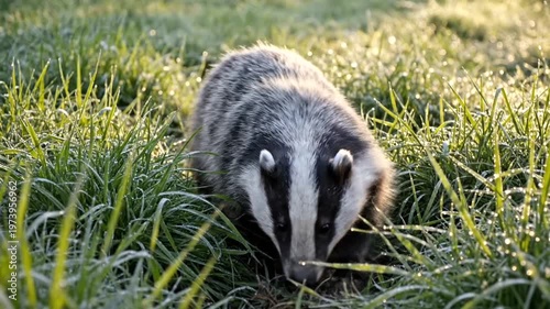 Badger in green grass field.