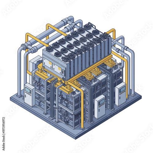 Industrial Chiller System with Complex Piping and Electrical Components.