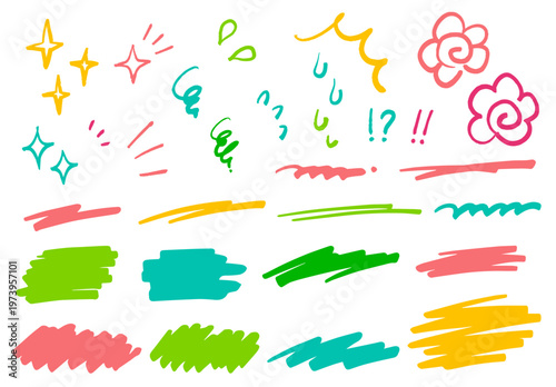 手描きの漫符とマーカーで塗った見出し背景　ゆるかわ手描き素材