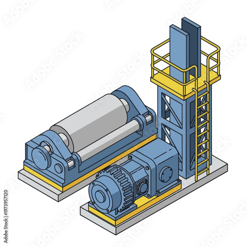 Industrial machinery for heavy manufacturing processes, featuring a large roller and a vertical structure with a ladder, in an isometric view.