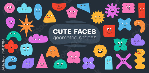 Geometric shape characters set cute blob faces and funny expressions. Abstract playful organic forms with eyes and emotions messy modern geometry smiling figures grained decorative children design